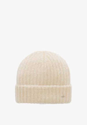 Cream-colored knit beanie with a soft, textured finish. Features a ribbed pattern and folded brim. Small brand tag on the side.