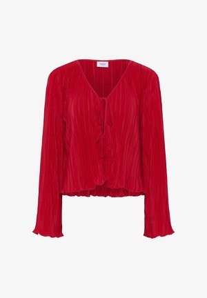 Rød langærmet bluse med plisseret tekstur, V-udskæring og bindebånd foran, i en cropped og løs pasform.