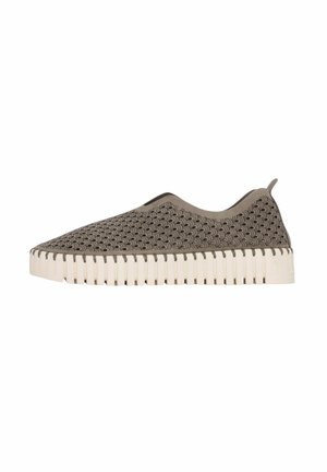 Gray slip-on shoe with a textured upper featuring a wave pattern and a thick white sole with ridged detailing.
