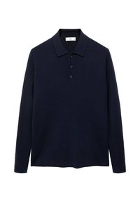 Donkerblauwe longsleeve polo met drie knopen en een standaard kraag, weergegeven op een witte achtergrond.