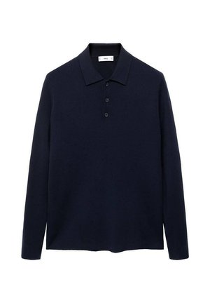 Navy blue long-sleeve polo shirt with three buttons and a standard collar, displayed on a white background.
