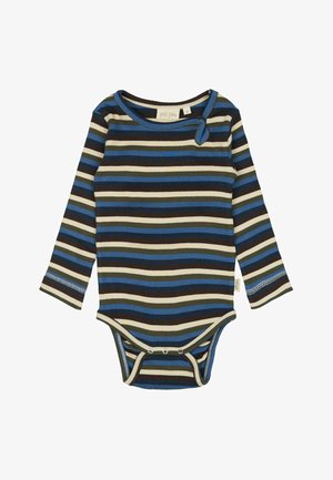 Bodysuit de manga larga en tejido acanalado con rayas horizontales en azul, marrón, crema y verde. Presenta un cuello redondo y un cierre a presión en la parte inferior.