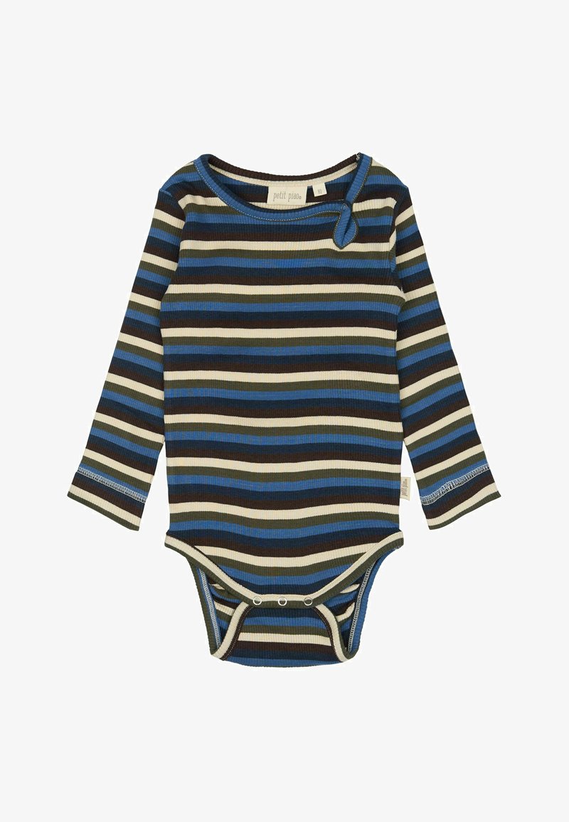Bodysuit s dlouhým rukávem vyrobený z ribbovaného materiálu s horizontálními pruhy v modré, hnědé, krémové a zelené barvě. Má kulatý výstřih a patentky na spodní části.