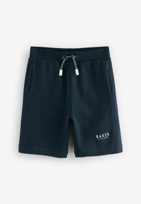 Pantalones cortos deportivos de color azul marino, hechos de un tejido suave, con cintura elástica y cordón ajustable, además de bolsillos laterales. Logo "BAKER" visible.
