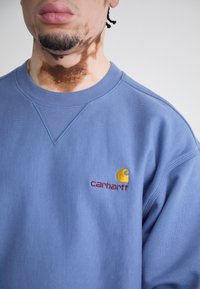 Blå crewneck sweatshirt lavet af bomuld, med et Carhartt-logo i gul og rød. Tekstureret stof med ribbet halsudskæring og sømme.