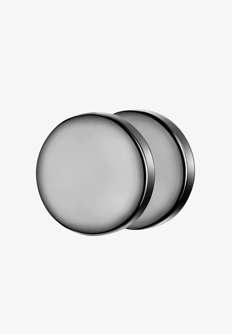 Dva okrugla, metalik siva podmetača s elegantnim crnim rubom, s glatkom površinom i minimalističkim dizajnom.