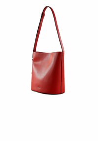 Rote Leder-Handtasche mit glatter Textur, einem einzelnen verstellbaren Riemen und keiner sichtbaren Metallbeschlägen. Verfügt über ein dezentes, eingeprägtes Logo auf der Vorderseite.