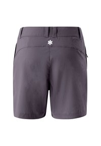 Paarse shorts van lichtgewicht materiaal, met een ritszak aan de zijkant en een klein wit logo op de achterkant van de tailleband.