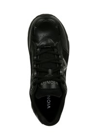 Black athletic sneaker with a smooth leather toe, mesh sides, and textured laces. Features a logo on the tongue and padded collar for comfort.