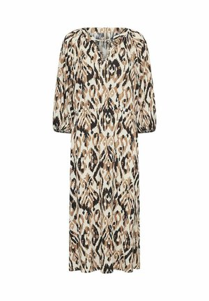 Brūna un krēmkrāsas midi kleita ar V veida kakla izgriezumu, 3/4 garuma piedurknēm un abstraktu dzīvnieku rakstu. Mīksta, plūstoša auduma.