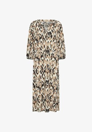 Brązowa i kremowa sukienka midi z dekoltem w kształcie litery V, 3/4 rękawami oraz abstrakcyjnym wzorem zwierzęcym. Miękki, zwiewny materiał.
