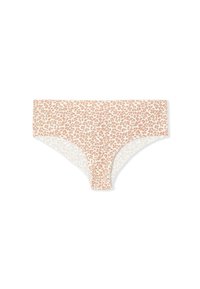Leopard-print hipster underwear in soft fabric, featuring a light beige background and darker brown spots, with smooth edges and a comfortable fit.