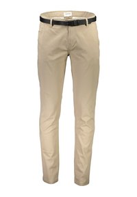 Béžové bavlněné kalhoty se slim fit, které mají přední kapsy, poutka na opasek a texturovaný černý opasek. Hladká textilie.