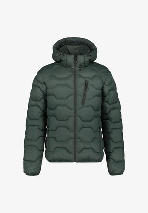 Chaqueta de plumón verde con patrón de acolchado hexagonal, cierre delantero y capucha. Cuenta con un bolsillo con cremallera en el lado superior izquierdo.