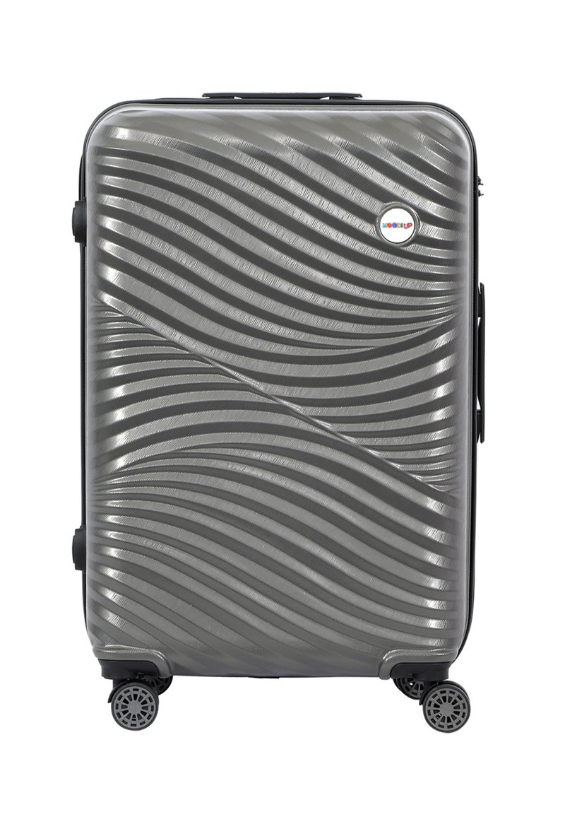 Hard-shell suitcase in textured gray plastic with wave pattern, black zippers, a side handle, and four swivel wheels for mobility.