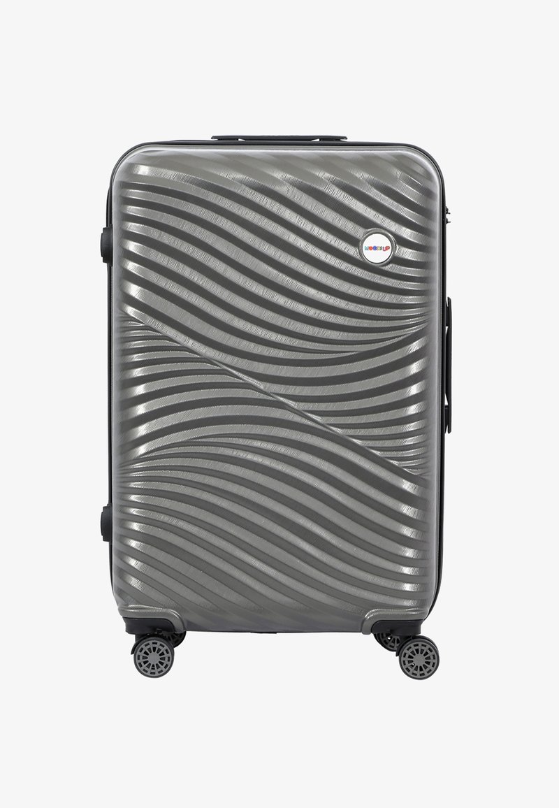 Hard-shell suitcase in textured gray plastic with wave pattern, black zippers, a side handle, and four swivel wheels for mobility.