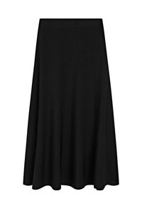 Gonna maxi nera realizzata in tessuto morbido; presenta un design svasato con cuciture verticali, offrendo una silhouette fluida.