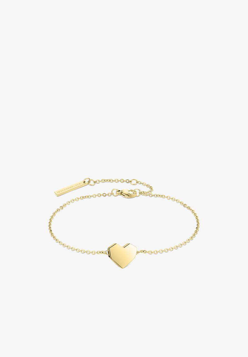 Gold-colored bracelet with a heart-shaped pendant. Features a chain design and a small tag near the clasp. Smooth surface, minimalist style.
