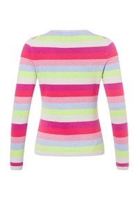 Pull en tricot à manches longues avec des rayures horizontales en rose, vert, bleu et blanc. Col rond avec des poignets et un ourlet côtelés.