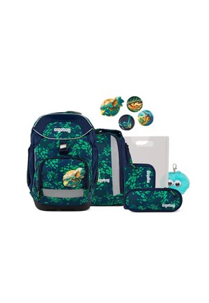 Dark blue and green leaf-patterned school backpack set with matching pencil cases, dragon-shaped badges, and a blue furry keychain.