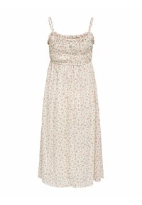 Robe midi blanche avec fines bretelles, corsage froncé et motif floral rose sur tout le tissu.