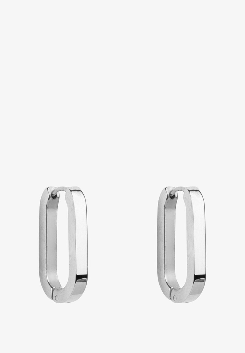Paire de boucles d’oreilles créoles rectangulaires argentées brillantes avec bords arrondis et fermoir articulé.