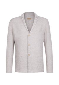 Jasnoszary, dziergany kardigan z kołnierzem typu szal, trzema guzikami z przodu i dwoma kieszeniami. Strukturalna tkanina z subtelnym wzorem.