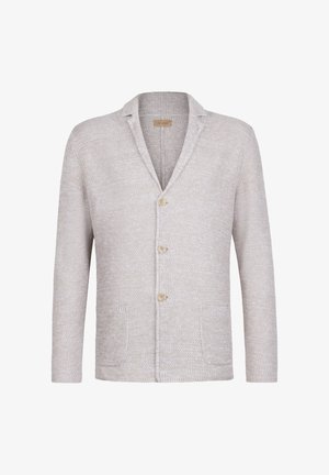 Hellgrauer gestrickter Cardigan mit Schalkragen, drei vorderen Knöpfen und zwei vorderen Taschen. Strukturierter Stoff mit einem subtilen Muster.