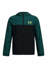 Mikina s kapucí na zip, tmavě zelená horn�í část a rukávy, černá spodní část a žluté logo Under Armour na levé hrudi.