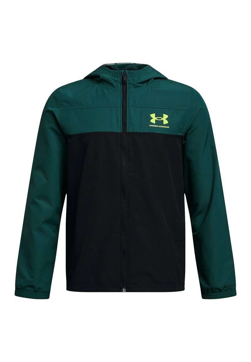 Mikina s kapucí na zip, tmavě zelená horní část a rukávy, černá spodní část a žluté logo Under Armour na levé hrudi.