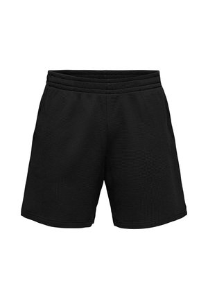 Czarne spodenki z teksturowanej tkaniny, z elastycznym pasem i bocznymi kieszeniami, przeznaczone do codziennego lub sportowego użytku.