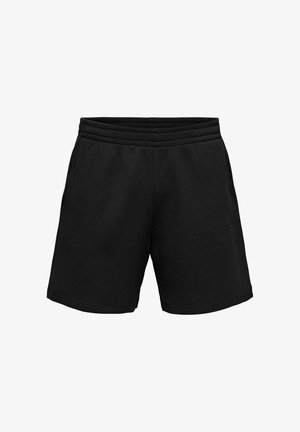 Czarne spodenki z teksturowanej tkaniny, z elastycznym pasem i bocznymi kieszeniami, przeznaczone do codziennego lub sportowego użytku.