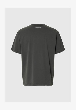Charcoal gray short-sleeve t-shirt with "ANNARR" printed in white at the upper back, plain design, displayed against a light gray background.