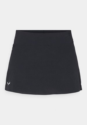 Juodas sportinis sijonas, pagamintas iš tekstūruoto, kvėpuojančio audinio. Savybės: lygus juosmuo ir subtilios šoninės įpjovos, užtikrinančios judėjimo laisvę.