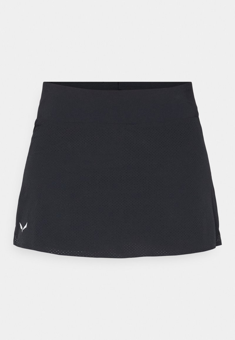 Czarna spódniczka sportowa wykonana z teksturowanej, oddychającej tkaniny. Posiada gładką talię oraz subtelne boczne rozcięcia dla swobody ruchów.