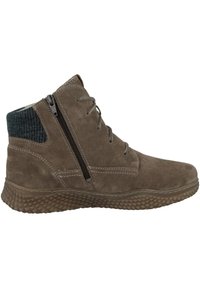 Stivaletti alla caviglia in suede marrone con colletto a maglia strutturato blu scuro, zip laterale e suola gommata con motivo a rombi.