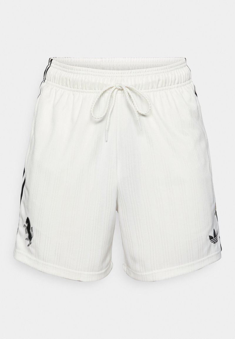 Weiße Sportshorts mit einer strukturierten Oberfläche, elastischem Bund, verstellbarem Kordelzug und schwarzen Logo-Akzenten an der Seite.