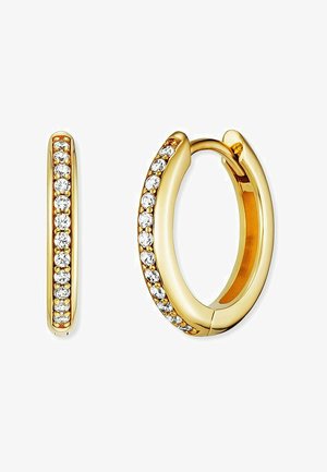 Gold hoop earrings featuring a row of clear rhinestones along one edge, with a smooth surface and a rounded shape.