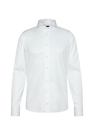 Weißes Langarm-Hemd mit Knöpfen aus Baumwolle, das einen klassischen Kragen, eine Frontleiste und Manschetten mit einem Knopf für einen strukturierten Look aufweist.