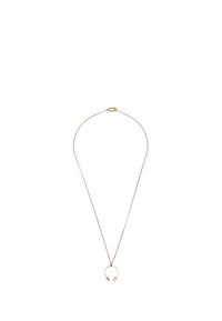 Collier en métal doré avec une chaîne fine, orné d'un pendentif circulaire avec deux accents nacrés. Design épuré et minimaliste.