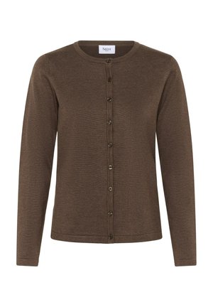 Cardigan marrone realizzato in tessuto a maglia strutturata, con collo rotondo, maniche lunghe e apertura frontale con bottoni in ottone discreti.