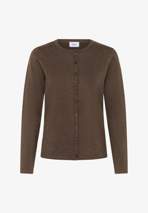 Cardigan maro dintr-un material tricotat texturat, cu guler rotund, mâneci lungi și un închidere cu nasturi, decorată cu nasturi din alamă discreți.