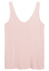 Canotta rosa chiaro con scollatura a V profonda, spalline sottili e una consistenza morbida e liscia. Nessun motivo o accentuazione visibili. Design a vestibilità classica.