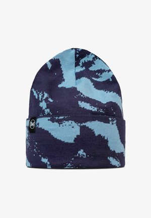 Knitted beanie in dark blue with light blue abstract pattern. Features a rolled cuff and a circular brand tag on the side.