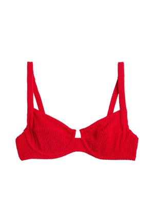 Red textured bikini top with underwire cups and adjustable shoulder straps, designed for swimwear or summer wear.