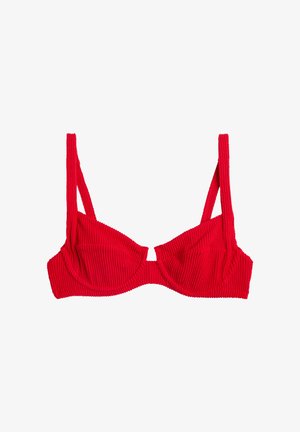 Red textured bikini top with underwire cups and adjustable shoulder straps, designed for swimwear or summer wear.
