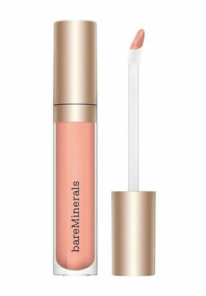 Glansfuld læbepomade i ferskenfarve med en guldlåg og applikatorstift ved siden af det gennemsigtige rør mærket "bareMinerals."