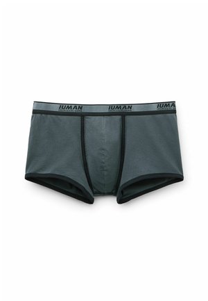 Dark grey boxer briefs made of soft fabric, featuring a contrasting black waistband with brand logo, front pouch, and stitched detailing.