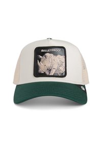 Cap with a cream mesh back, dark green visor, and a square patch featuring an embroidered rhinoceros and the word "BULLETPROOF."
