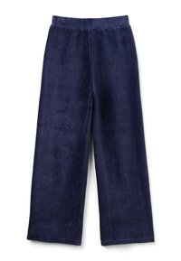 Námořnické modré kordové kalhoty s širokými nohavicemi, které mají jemnou strukturu, vysoký pas a čistý lem. Vhodné pro každodenní nošení.